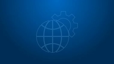 Dünya 'nın beyaz çizgisi Globe mavi arka planda izole edilmiş dişli ya da dişli simgesi. Parametreler ayarlanıyor. Global Seçenekler. 4K Video hareketli grafik canlandırması