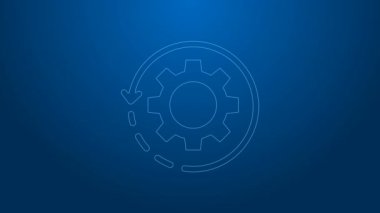 İş akışı konsepti simgesi olarak beyaz çizgi dişlisi ve oklar mavi arkaplanda izole edildi. Vites doldurma tabelası. 4K Video hareketli grafik canlandırması