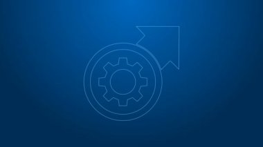 İş akışı konsepti simgesi olarak beyaz çizgi dişlisi ve oklar mavi arkaplanda izole edildi. Vites doldurma tabelası. 4K Video hareketli grafik canlandırması