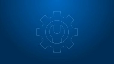 Beyaz çizgi anahtarı ve vites simgesi mavi arkaplanda izole edildi. Ayarlama, servis, ayar, bakım, onarım, onarım. 4K Video hareketli grafik canlandırması