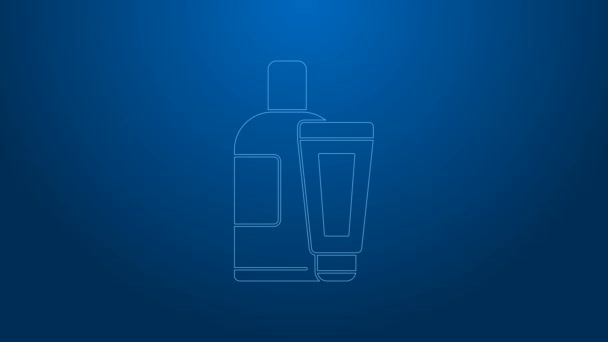Biała linia krem lub balsam kosmetyczna ikona tubki izolowane na niebieskim tle. Produkty do pielęgnacji ciała dla mężczyzn. 4K Animacja graficzna ruchu wideo — Wideo stockowe