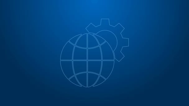Fehér vonal Globe of the Earth és fogaskerék vagy fogaskerék ikon elszigetelt kék háttérrel. Paraméterek beállítása. Globális lehetőségek. 4K Videó mozgás grafikus animáció — Stock videók