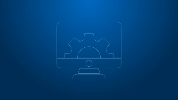 White line Computer monitor and gear icon isolated on blue background. Adjusting, service, setting, maintenance, repair, fixing. 4K Video motion graphic animation — Stock Video