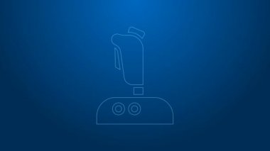 Atari makinesi simgesi için beyaz çizgi Joystick mavi arkaplanda izole edildi. Joystick oyun alanı. 4K Video hareketli grafik canlandırması