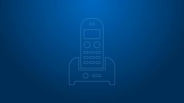 Mavi arkaplanda beyaz hat telefon ikonu izole edildi. Sabit telefon. 4K Video hareketli grafik canlandırması