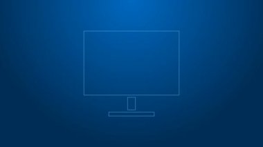 Beyaz çizgi bilgisayar ekranı simgesi mavi arkaplanda izole edildi. Elektronik cihaz. Ön manzara. 4K Video hareketli grafik canlandırması