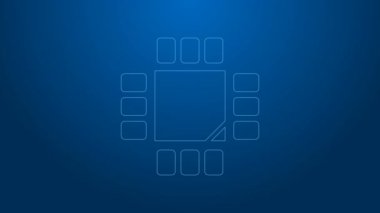 Mavi zemin üzerinde mikro devre işlemci simgesi olan beyaz çizgi Bilgisayar işlemcisi izole edildi. Devre kartlı çip ya da işlemci. Mikro işlemci. 4K Video hareketli grafik canlandırması