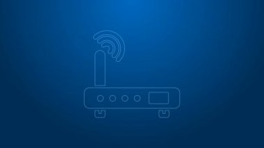 Beyaz hat Router ve kablosuz ağ sinyali ikonu mavi arkaplanda izole edildi. Kablosuz ethernet modem yönlendirici. Bilgisayar teknolojisi interneti. 4K Video hareketli grafik canlandırması