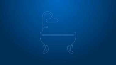 Mavi arka planda beyaz çizgi küvet ikonu izole edildi. 4K Video hareketli grafik canlandırması