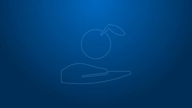 Beyaz çizgi Apple 'ın el simgesi mavi arkaplanda izole edildi. Yaprak sembollü meyve. 4K Video hareketli grafik canlandırması