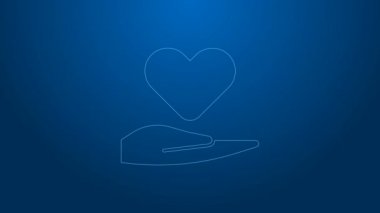 Mavi arkaplanda beyaz çizgi üzerinde el simgesi var. El çabukluğu aşk sembolü. Sevgililer Günü sembolü. 4K Video hareketli grafik canlandırması
