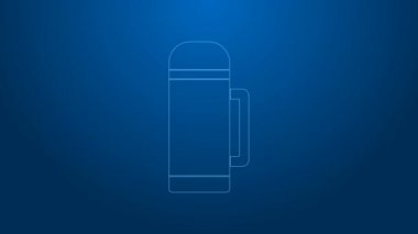 Beyaz çizgi termos konteynır ikonu mavi arka planda izole edildi. Termo matara ikonu. Kamp ve yürüyüş ekipmanları. 4K Video hareketli grafik canlandırması