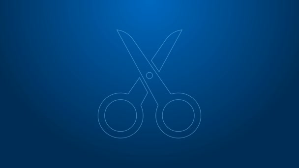White line Scissors icon isolated on blue background. Cutting tool sign. 4K Video motion graphic animation — Stock Video