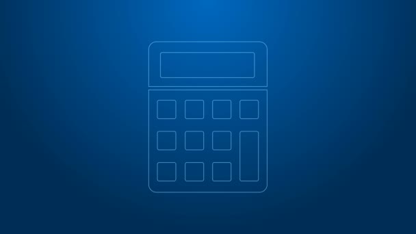 Fehér vonal kalkulátor ikon elszigetelt kék alapon. Könyvelési szimbólum. Üzleti számítások matematika oktatás és pénzügy. 4K Videó mozgás grafikus animáció — Stock videók