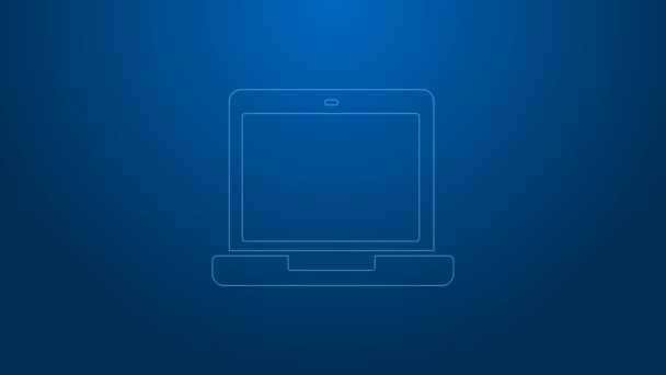 Biała linia ikona Laptop izolowane na niebieskim tle. Notatnik z pustym znakiem ekranu. 4K Animacja graficzna ruchu wideo — Wideo stockowe