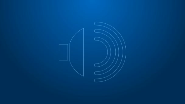 Línea blanca Volumen del altavoz, símbolo de sonido de voz de audio, icono de música multimedia aislado sobre fondo azul. Animación gráfica de vídeo 4K — Vídeos de Stock
