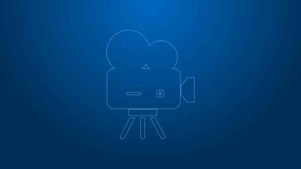 White line Retro cinema camera icon isolated on blue background. Video camera. Movie sign. Film projector. 4K Video motion graphic animation — Stock Video
