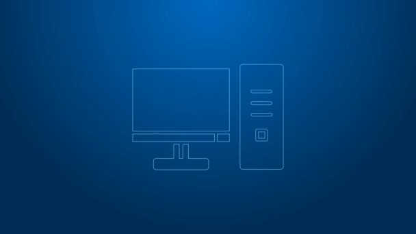 Fehér vonal Számítógép monitor ikon elszigetelt kék háttérrel. PC alkatrész jel. 4K Videó mozgás grafikus animáció — Stock videók