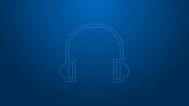 Linha branca Headphones ícone isolado no fundo azul. Fones de ouvido. Conceito para ouvir música, serviço, comunicação e operador. Animação gráfica em movimento de vídeo 4K — Vídeo de Stock