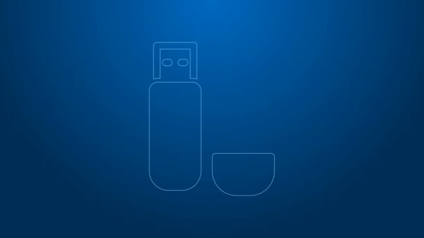 Bílá čára USB flash disk ikona izolované na modrém pozadí. Grafická animace pohybu videa 4K — Stock video
