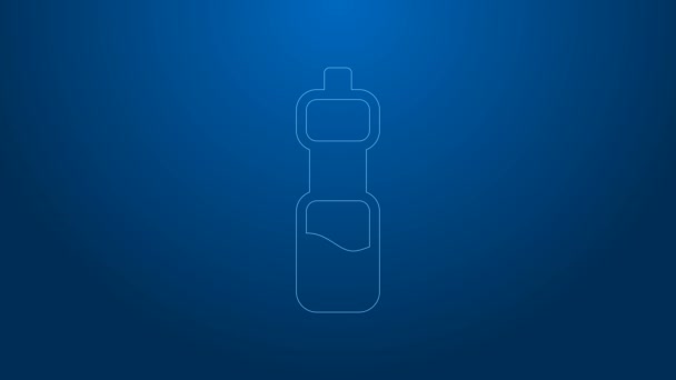 Linha branca Garrafa de ícone de água isolado no fundo azul. Sinal de bebida com refrigerante. Animação gráfica em movimento de vídeo 4K — Vídeo de Stock