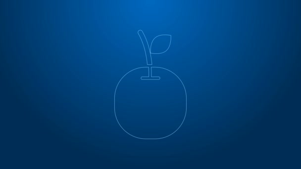Apple 'ın beyaz çizgi simgesi mavi arkaplanda izole edildi. Yaprak sembollü meyve. 4K Video hareketli grafik canlandırması — Stok video