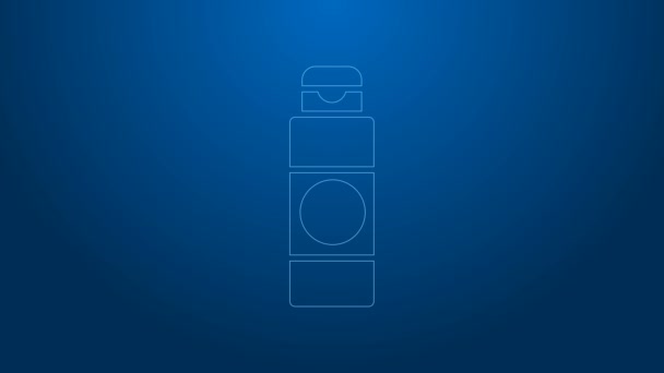 Línea blanca Crema o loción icono de tubo cosmético aislado sobre fondo azul. Productos para el cuidado del cuerpo para hombres. Animación gráfica de vídeo 4K — Vídeos de Stock