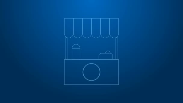 White line Street stall with awning and wooden rack icon isolated on blue background. Kiosk with wooden rack. 4K Video motion graphic animation — Stock Footage White line Street stall with awning and wooden rack icon isolated on blue background. Kiosk with wooden rack. 4K Video motion graphic animation Video Clip