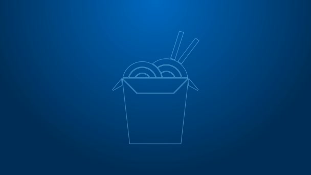 Bílá čára Asijské nudle v papírové krabici a hůlky ikona izolované na modrém pozadí. Pouliční fast food. Korejské, japonské, čínské jídlo. Grafická animace pohybu videa 4K — Stock video