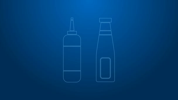 Beyaz çizgili sos şişesi ikonu mavi arka planda izole edilmiş. Ketçap, hardal ve fast food için soslu mayonez şişeleri. 4K Video hareketli grafik canlandırması — Stok video