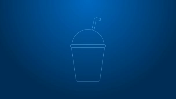 Biała linia Ikona Milkshake 'a odizolowana na niebieskim tle. Plastikowy kubek z pokrywką i słomką. 4K Animacja graficzna ruchu wideo — Wideo stockowe