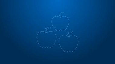 Apple 'ın beyaz çizgi simgesi mavi arkaplanda izole edildi. Yaprak sembollü meyve. 4K Video hareketli grafik canlandırması