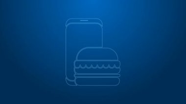 Beyaz hat online sipariş ve fast food dağıtım ikonu mavi arka planda izole edildi. Burger tabelası. 4K Video hareketli grafik canlandırması