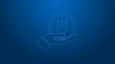 Beyaz hat online sipariş ve fast food dağıtım ikonu mavi arka planda izole edildi. 4K Video hareketli grafik canlandırması