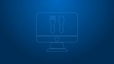Beyaz hat online sipariş ve fast food dağıtım ikonu mavi arka planda izole edildi. 4K Video hareketli grafik canlandırması
