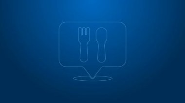 Beyaz çizgili kafe ve restoran konumu ikonu mavi arka planda izole edildi. Noktanın içinde çatal ve kaşık yeme işareti var. 4K Video hareketli grafik canlandırması.