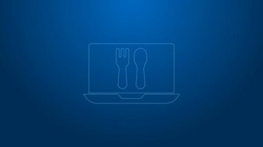 Beyaz hat online sipariş ve fast food dağıtım ikonu mavi arka planda izole edildi. 4K Video hareketli grafik canlandırması