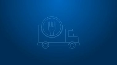 Beyaz çizgi, mavi arka planda izole edilmiş araba ikonu ile günün her saati hızlı teslimatı. 4K Video hareketli grafik canlandırması