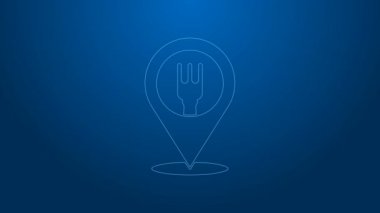 Beyaz çizgili kafe ve restoran konumu ikonu mavi arka planda izole edildi. Noktanın içinde çatal ve kaşık yeme işareti var. 4K Video hareketli grafik canlandırması.