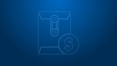 Beyaz çizgi zarfı mavi arka planda izole edilmiş madeni para sembolü simgesi. Maaş zammı, maaş bordrosu, tazminat geliri. 4K Video hareketli grafik canlandırması