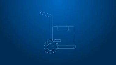 Mavi arka planda beyaz çizgili el arabası ve kutu simgesi var. Dolly sembolü. 4K Video hareketli grafik canlandırması
