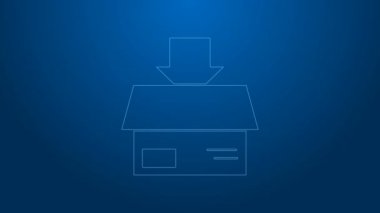 Mavi arka planda beyaz çizgi karton kutu simgesi izole edildi. Kutu, paket, paket işareti. Teslimat ve ambalaj. 4K Video hareketli grafik canlandırması