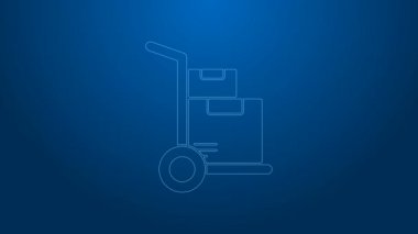Mavi arka planda beyaz çizgili el arabası ve kutu simgesi var. Dolly sembolü. 4K Video hareketli grafik canlandırması