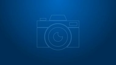 Beyaz çizgi fotoğraf makinesi simgesi mavi arkaplanda izole edildi. Fotoğraf makinesi simgesi. 4K Video hareketli grafik canlandırması