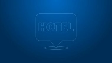 Beyaz çizgi konum otel simgesi mavi arkaplanda izole edildi. Otel, pansiyon, seyahat, konut kirası, gayrimenkul sembolü. 4K Video hareketli grafik canlandırması
