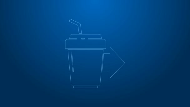 Biała linia filiżanka kawy, aby przejść ikonę izolowane na niebieskim tle. 4K Animacja graficzna ruchu wideo — Wideo stockowe