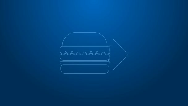 Biała linia Zamawianie online i ikona dostawy burger izolowane na niebieskim tle. 4K Animacja graficzna ruchu wideo — Wideo stockowe
