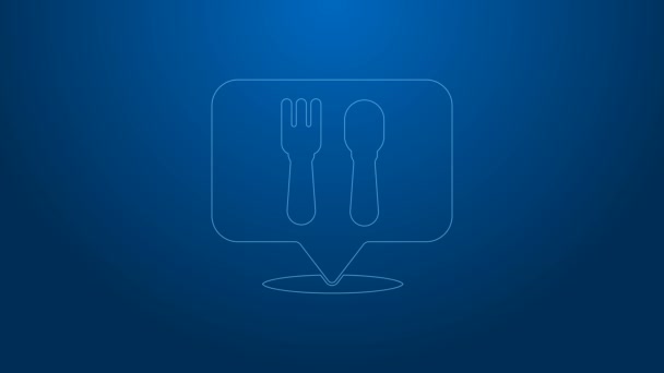 Linea bianca Cafe e icona posizione ristorante isolato su sfondo blu. Forchetta e cucchiaio segno ristorante all'interno punto focale. Animazione grafica 4K Video motion. — Video Stock