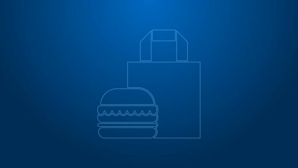 Witte lijn Online bestellen en hamburger levering pictogram geïsoleerd op blauwe achtergrond. 4K Video motion grafische animatie — Stockvideo
