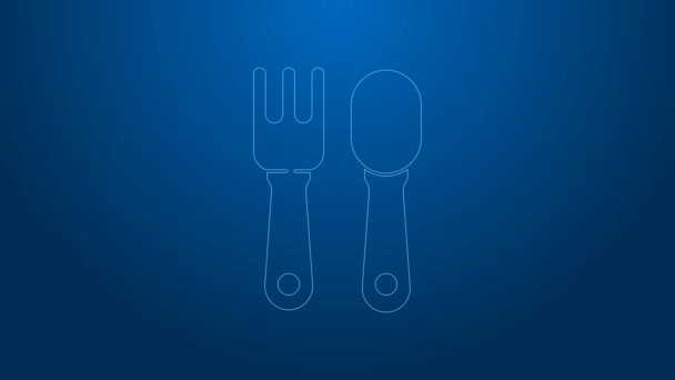 Linea bianca Icona a forchetta e cucchiaio isolata su sfondo blu. Utensile da cucina. Segno di posate. Animazione grafica 4K Video motion — Video Stock